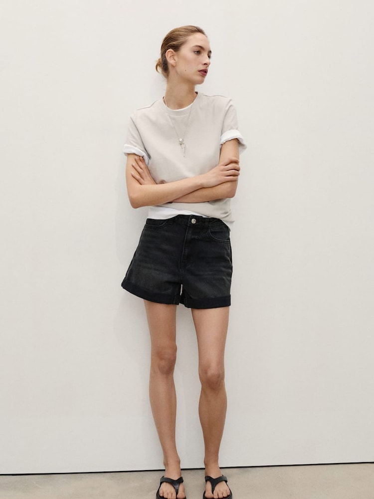 Mango Black Mom Fit Denim Shorts - Image 1 of 7 Mango Black Mom Fit Denim Shorts - Image 1 of 7
