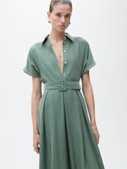 Mango Green Belted Midi Shirt Dress - Image 2 of 6