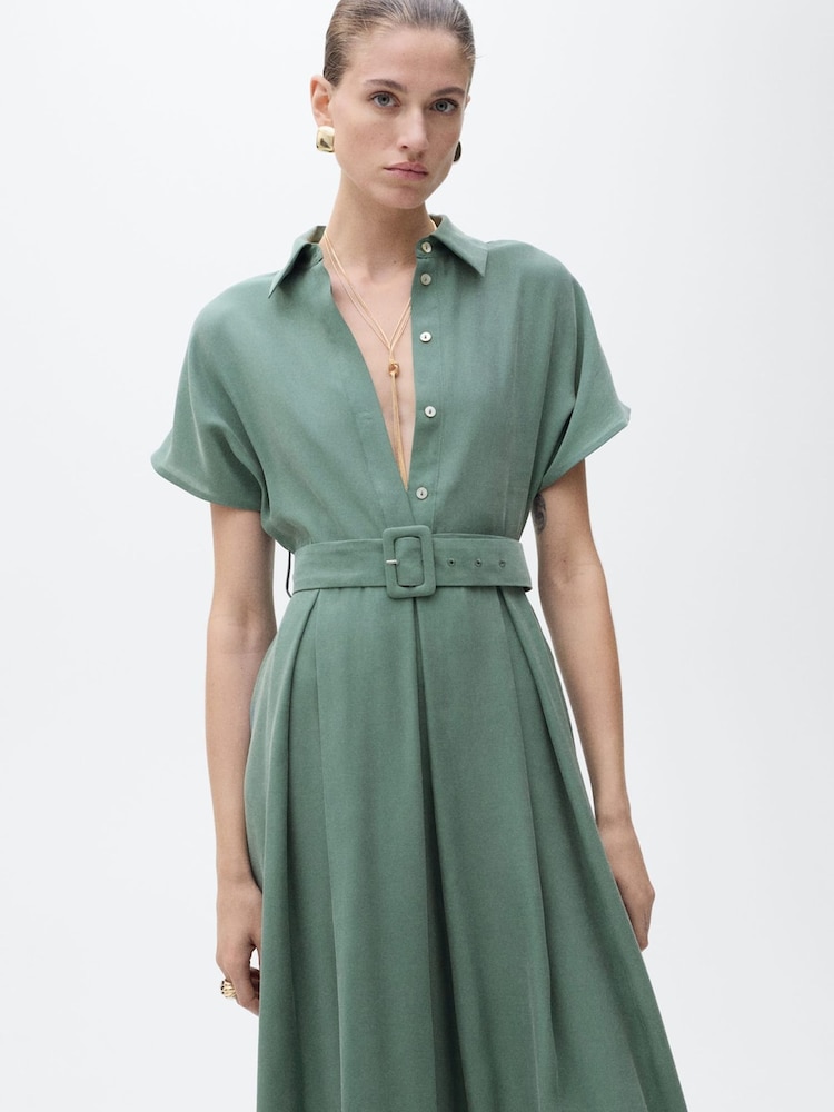 Mango Green Belted Midi Shirt Dress - Image 2 of 6