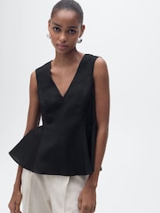 Mango Black Linen Blend Peplum Top - Image 1 of 6