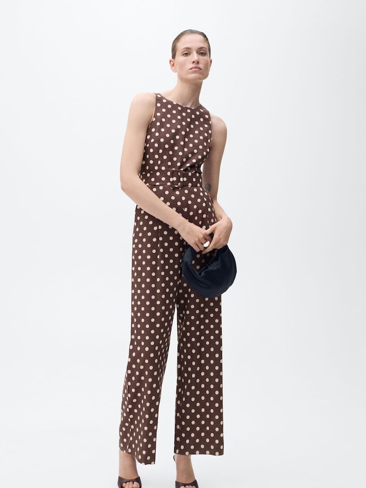 Mango Brown Polka Dot Jumpsuit - Image 1 of 7 Mango Brown Polka Dot Jumpsuit - Image 1 of 7