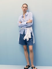 Mango Blue Pleated Denim Bermuda Shorts - Image 1 of 7