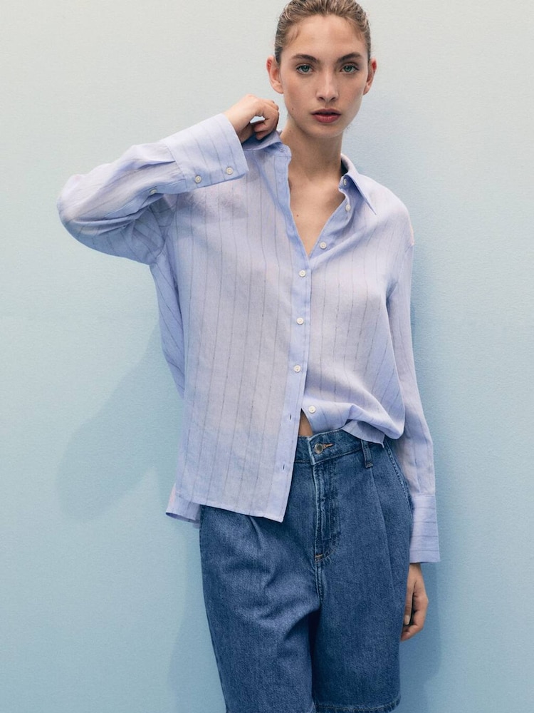 Mango Blue Pleated Denim Bermuda Shorts - Image 2 of 7 Mango Blue Pleated Denim Bermuda Shorts - Image 2 of 7