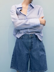 Mango Blue Pleated Denim Bermuda Shorts - Image 4 of 7