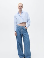 Mango Blue Belted Wide Leg Denim Trousers - Image 1 of 5