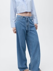 Mango Blue Belted Wide Leg Denim Trousers - Image 3 of 5