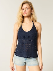 Hollister Blue Knitted Crochet Halter Neck Top - Image 1 of 4