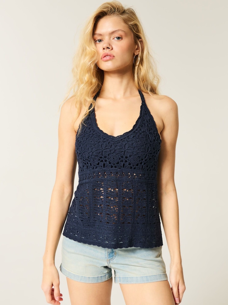 Hollister Blue Knitted Crochet Halter Neck Top - Image 1 of 4