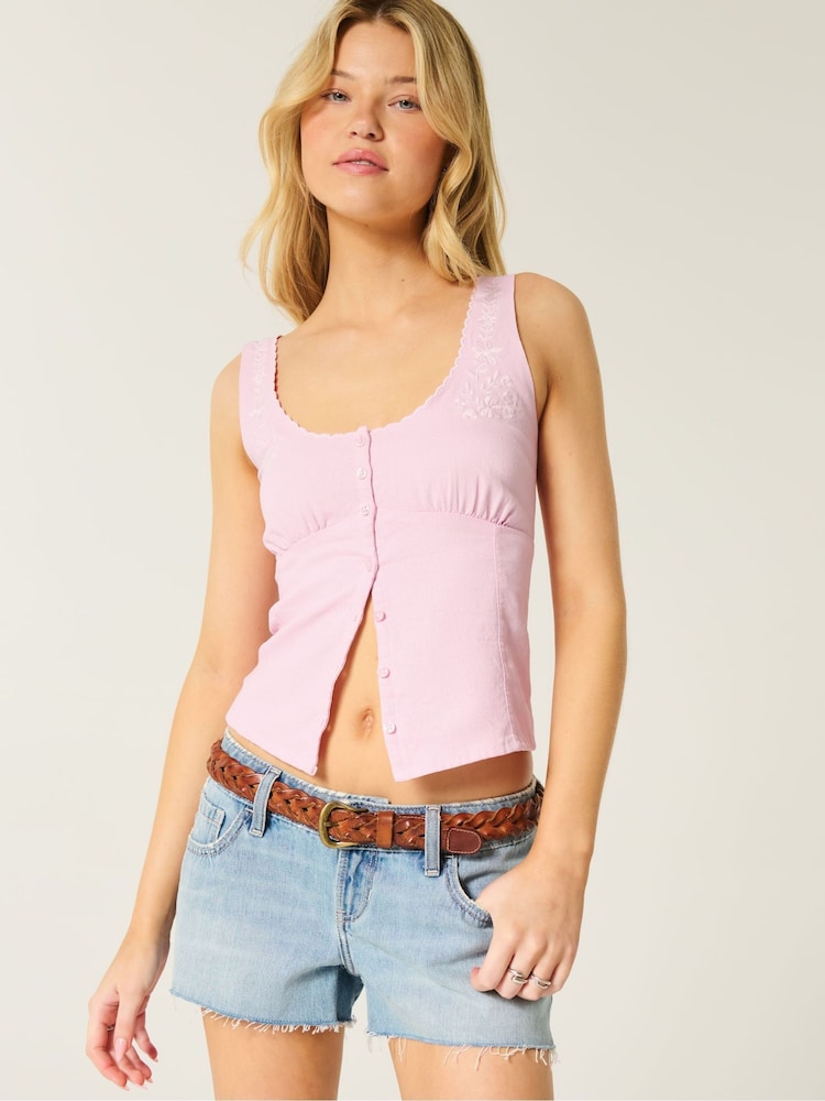Hollister Pink Linen Button Through Corset Top - Image 1 of 5