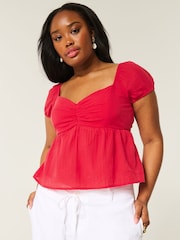 Hollister Red Open Back Babydoll Puff Sleeve Peplum Top - Image 1 of 3