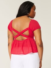 Hollister Red Open Back Babydoll Puff Sleeve Peplum Top - Image 2 of 3
