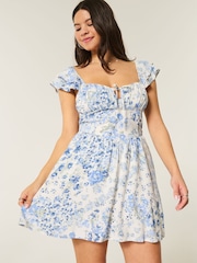 Hollister Flutter Sleeve Dipped Hem Mini Skort Blue Dress - Image 1 of 4