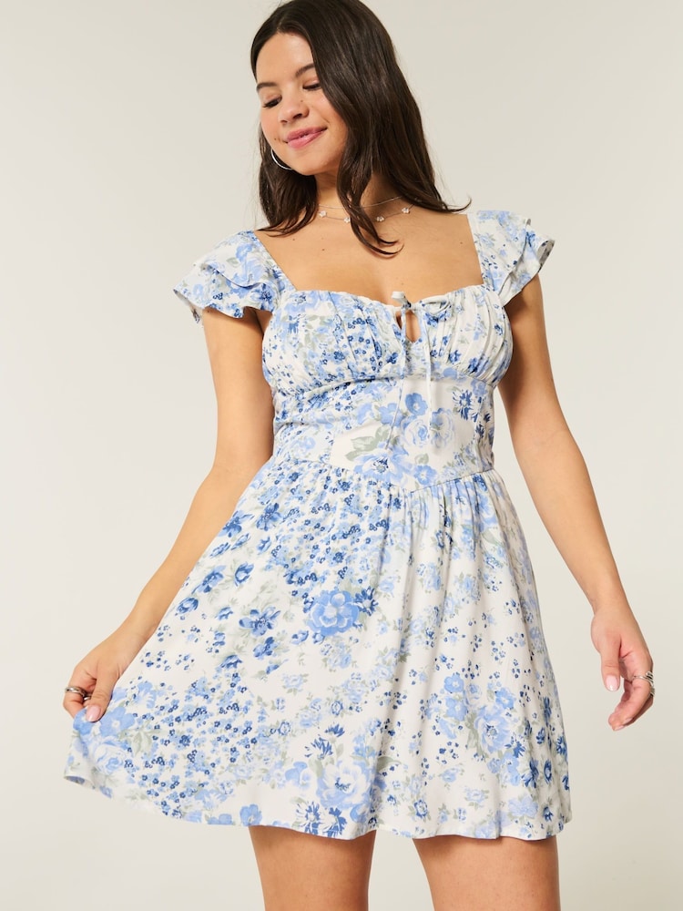 Hollister Flutter Sleeve Dipped Hem Mini Skort Blue Dress - Image 1 of 4