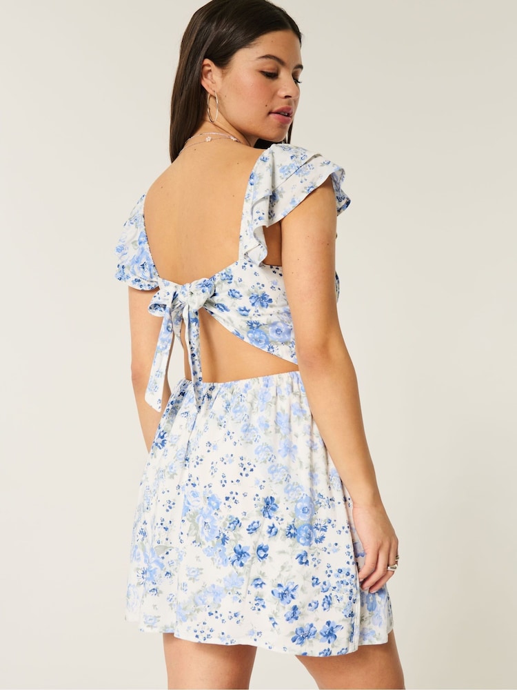 Hollister Flutter Sleeve Dipped Hem Mini Skort Blue Dress - Image 2 of 4