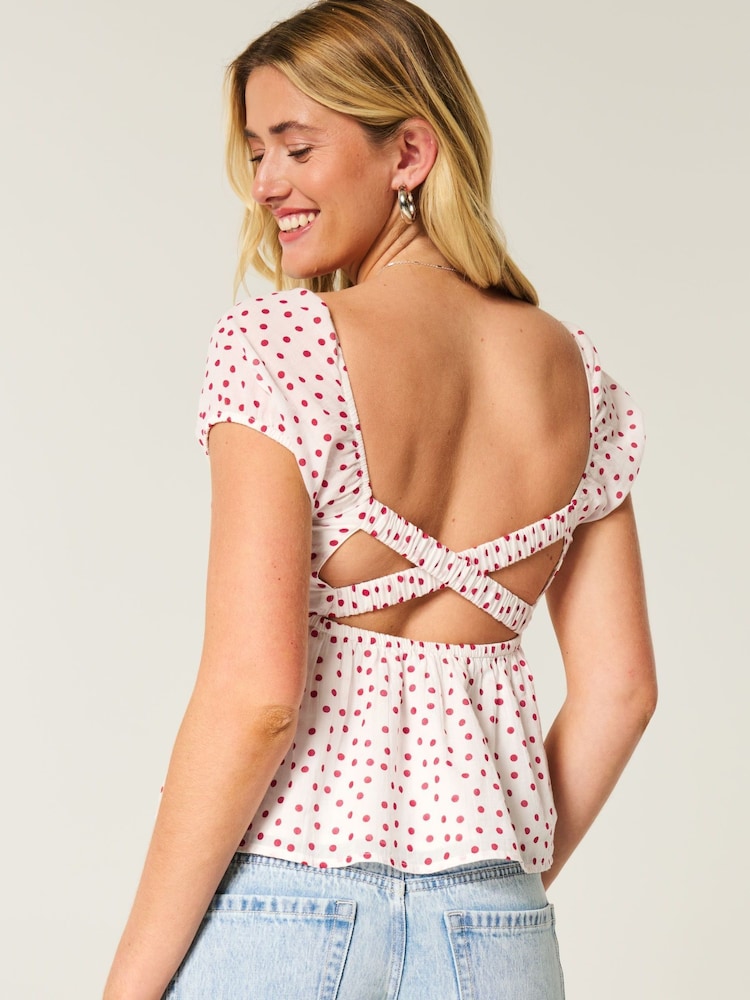 Hollister Open Back Babydoll Puff Sleeve Peplum White Top - صورة 2 من 4 Hollister Open Back Babydoll Puff Sleeve Peplum White Top - صورة 2 من 4