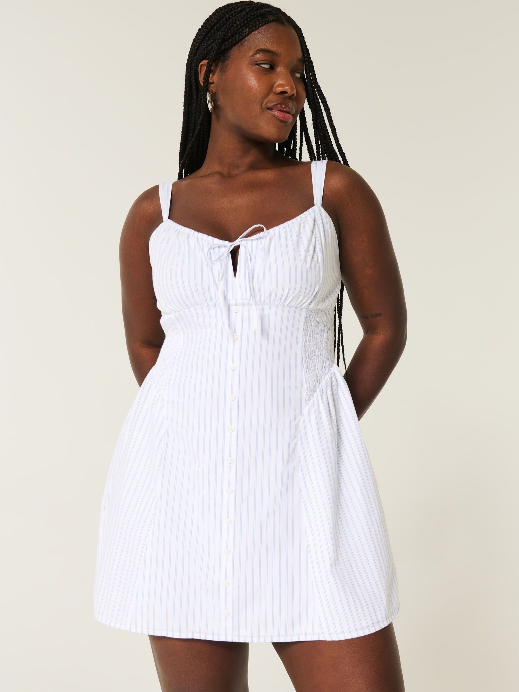 button front a line dress hollister Women's Cap Sleeve Button Shirt Dress in White Stripe Size L TALL from Hollister
