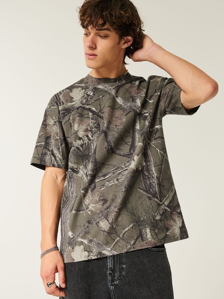 Hollister Green Acid Wash Camo Crew Neck Boxy 100% Cotton T-Shirt - Image 1 of 3