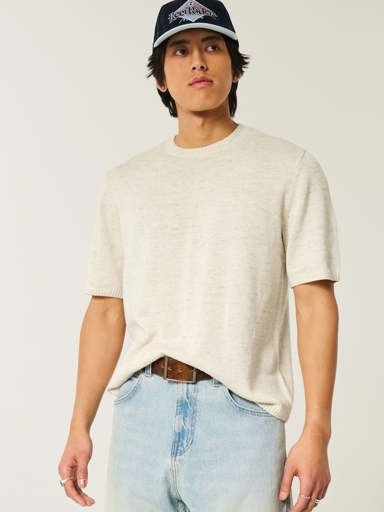 Hollister Cream Lightweight Knitted T-Shirt - Image 1 of 5