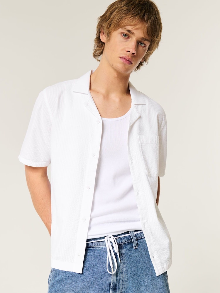 Hollister Textured Button Down Seersucker Short Sleeve White Shirt - Image 1 of 4