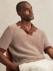 Reiss Tobacco Brown/ Off White Icarus Cotton Textured Knit Stripe Polo Shirt - Image 1 of 6
