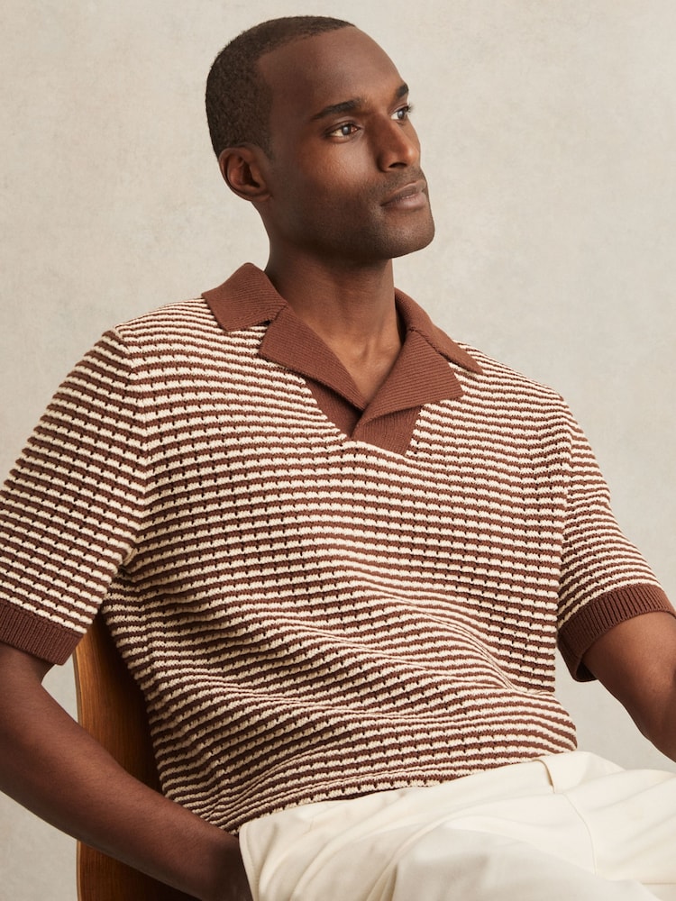 Reiss Tobacco Brown/ Off White Icarus Cotton Textured Knit Stripe Polo Shirt - Image 1 of 6