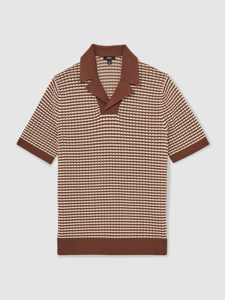 Reiss Tobacco Brown/ Off White Icarus Cotton Textured Knit Stripe Polo Shirt - Image 2 of 6