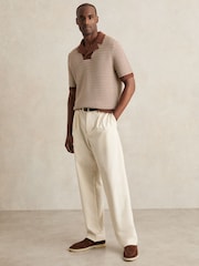 Reiss Tobacco Brown/ Off White Icarus Cotton Textured Knit Stripe Polo Shirt - Image 3 of 6