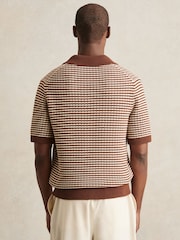 Reiss Tobacco Brown/ Off White Icarus Cotton Textured Knit Stripe Polo Shirt - Image 5 of 6