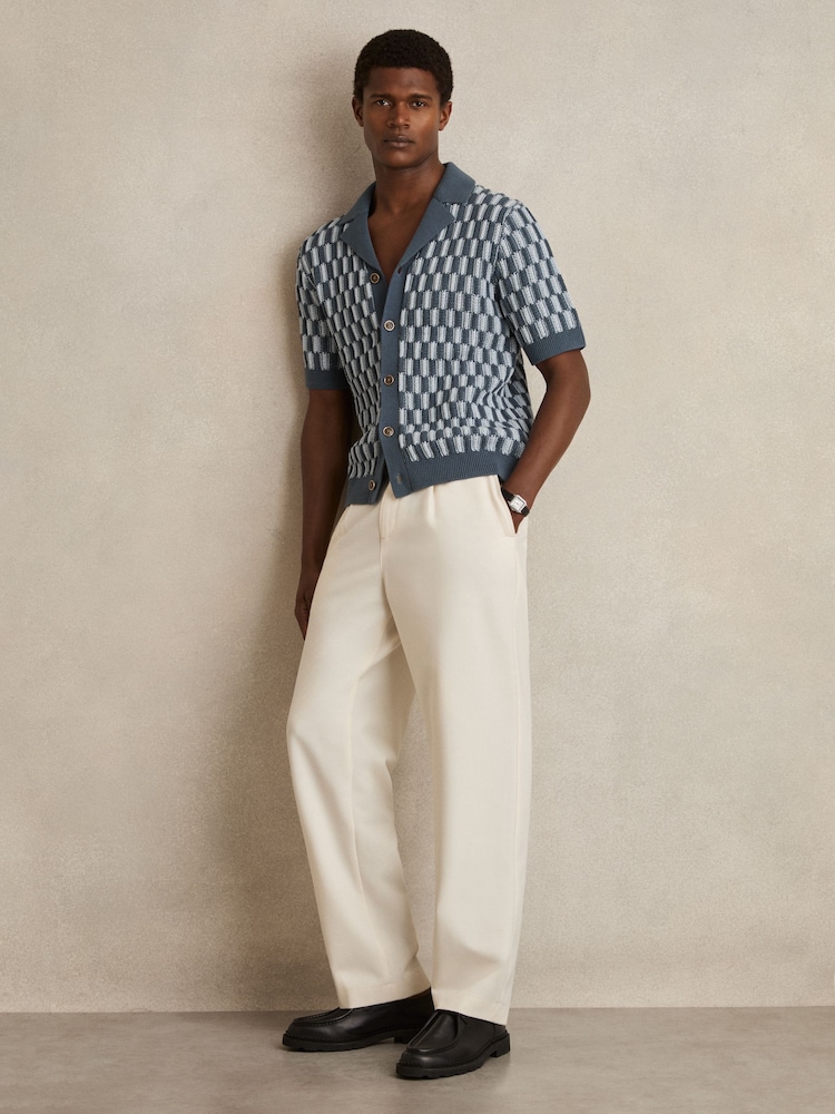 Reiss Airforce Blue/Soft Blue Robbie Cotton Checkerboard-Knit Shirt - Image 1 of 6