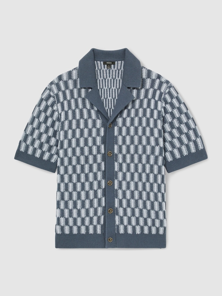 Reiss Airforce Blue/Soft Blue Robbie Cotton Checkerboard-Knit Shirt - Image 2 of 6