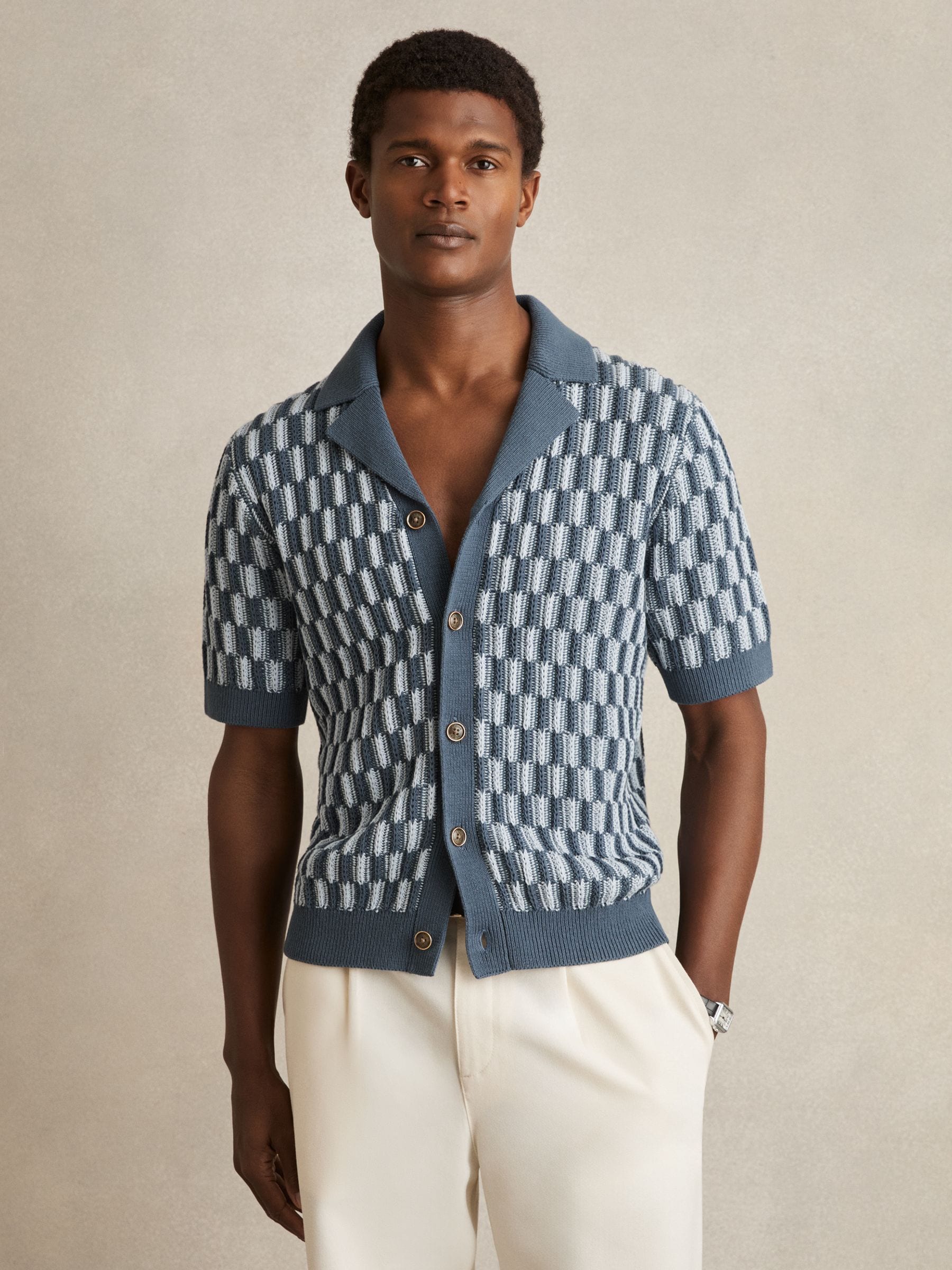 Buy Reiss Airforce Blue/Soft Blue Robbie Cotton Checkerboard-Knit