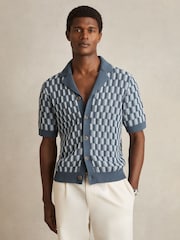 Reiss Airforce Blue/Soft Blue Robbie Cotton Checkerboard-Knit Shirt - Image 3 of 6