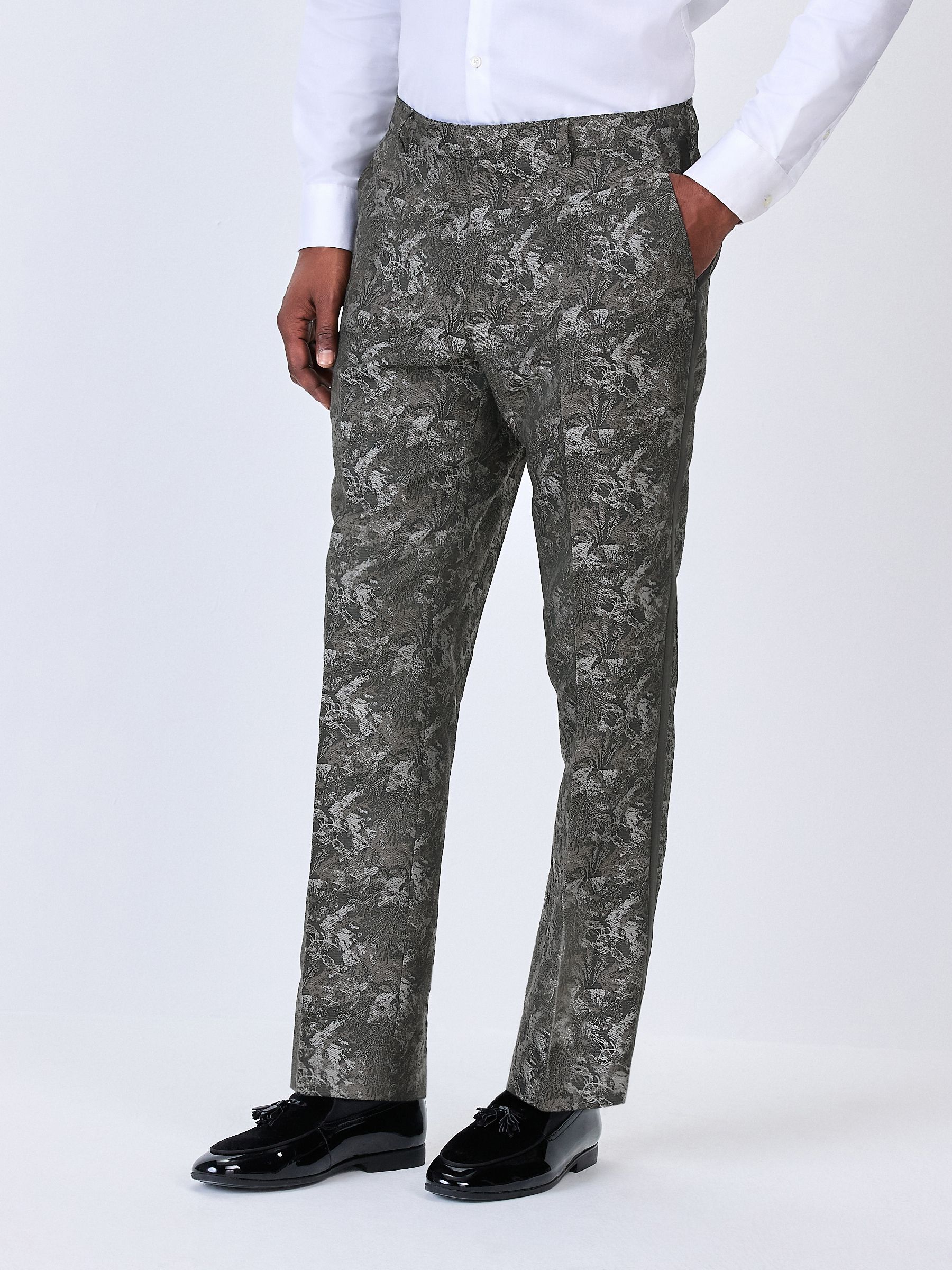 Buy Black Chrome Regular Fit Tapestry Design Suit Trousers from