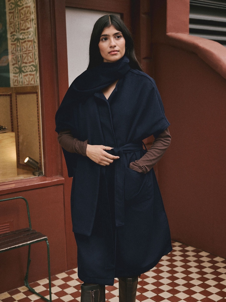 Navy Wool Blend Longline Tie Waist Scarf Cape - Image 1 of 10 Navy Wool Blend Longline Tie Waist Scarf Cape - Image 1 of 10