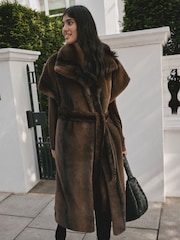 Chocolate Brown Tie Waist Long Line Faux Fur Gilet - Image 3 of 9