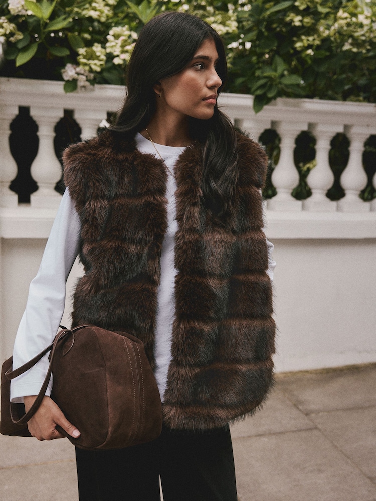 Chocolate Brown Faux Fur Gilet - Image 1 of 10 Chocolate Brown Faux Fur Gilet - Image 1 of 10