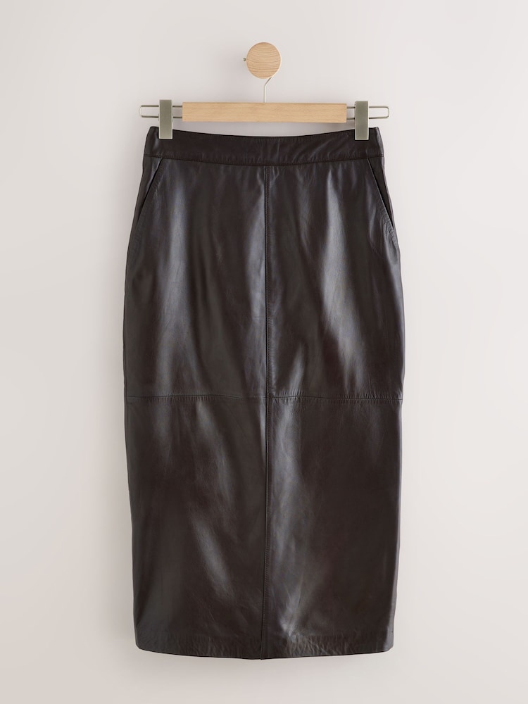 Chocolate Brown N. Premium Real Leather Pencil Skirt - Image 1 of 3