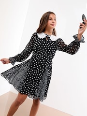 Lipsy Black Polka Dot Collar Dress (7-16yrs) - Image 3 of 5