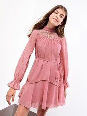 Lipsy Pink Long Sleeve Lace Yoke Dress (5-16yrs) - Image 1 of 4