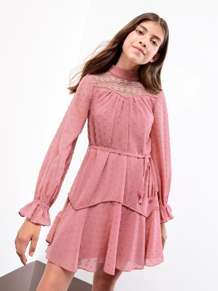 Lipsy Pink Long Sleeve Lace Yoke Dress (5-16yrs) - Image 1 of 4