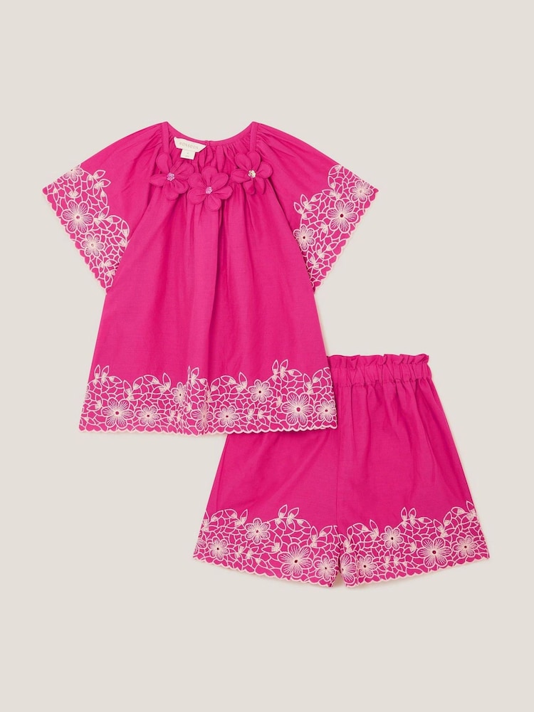 Monsoon Pink Embroidered Floral Top and Shorts Set - Image 1 of 3