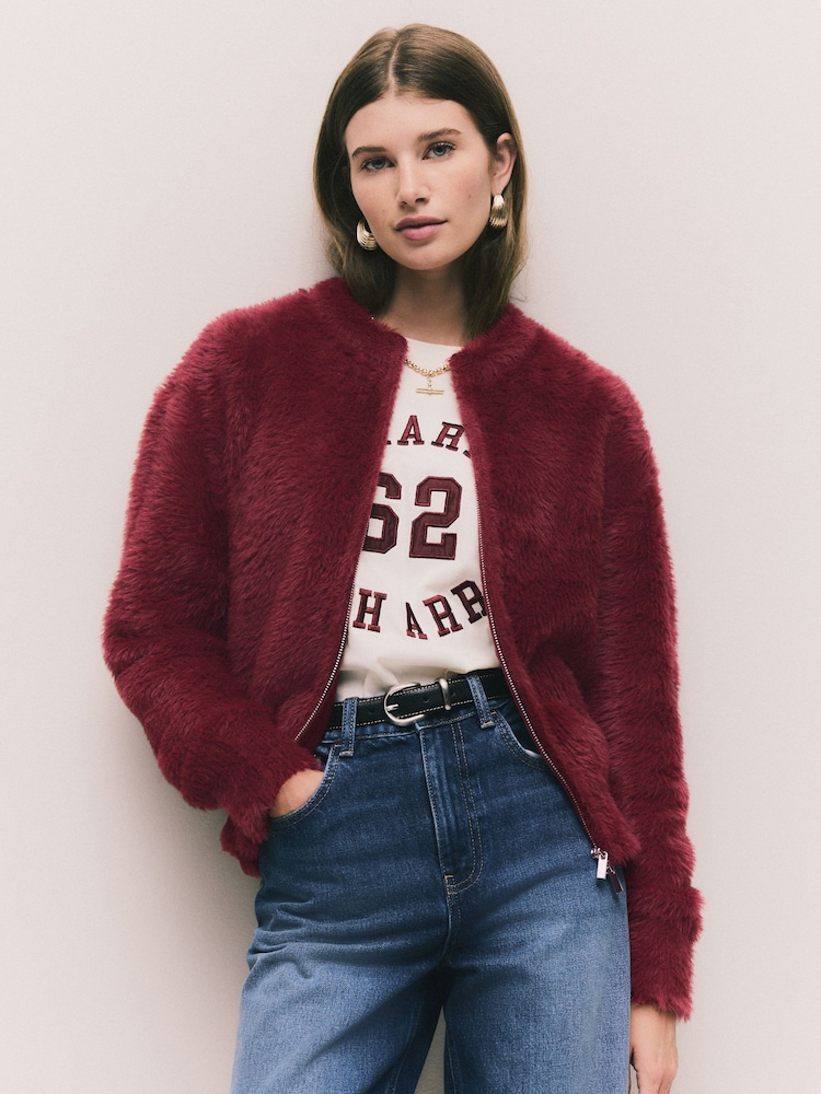 Burgundy Red Bear Zip-Up Bomber Jacket - Image 2 of 9 Burgundy Red Bear Zip-Up Bomber Jacket - Image 2 of 9