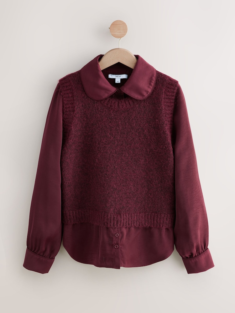Burgundy Satin Shirt Layer Knitted Tank - Image 1 of 3