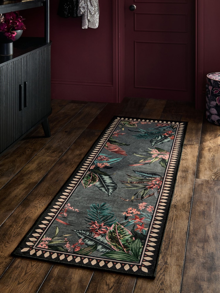 Charcoal Grey Washable Tropicial Border Runner - Image 1 of 5