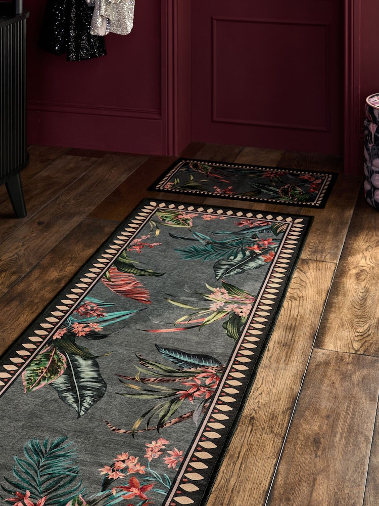 Charcoal Grey Washable Tropicial Border Runner - Image 2 of 5