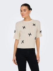 JDY Cream Bow Detail Cable Knit Jumper - Image 1 of 7