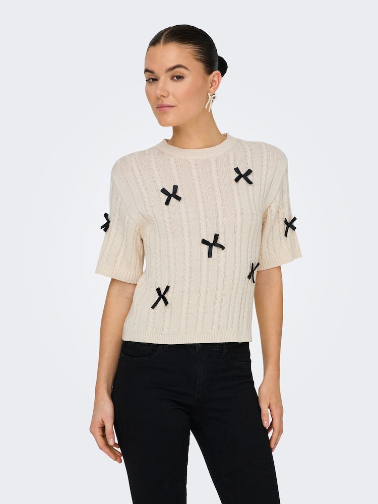 JDY Cream Bow Detail Cable Knit Jumper - Image 1 of 7