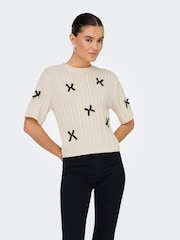JDY Cream Bow Detail Cable Knit Jumper - Image 4 of 7