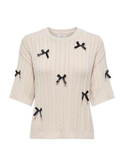 JDY Cream Bow Detail Cable Knit Jumper - Image 6 of 7