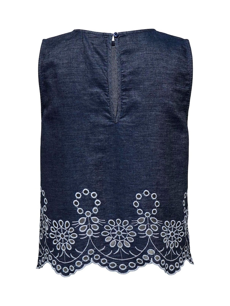 JDY Sleeveless Embroidery Scallop Detail Denim Blouses - Imagen 7 de 7